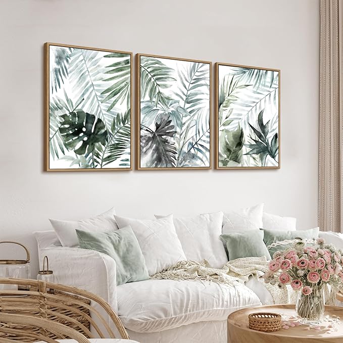 Large Framed Canvas Wall Art - Natural Float Framed Tropic Leaf Pictures Wall Art Prints for Living Room Decor Green Plants Artwork for Bedroom Kitchen Home Office Decoration 60" X 28" Set of 3