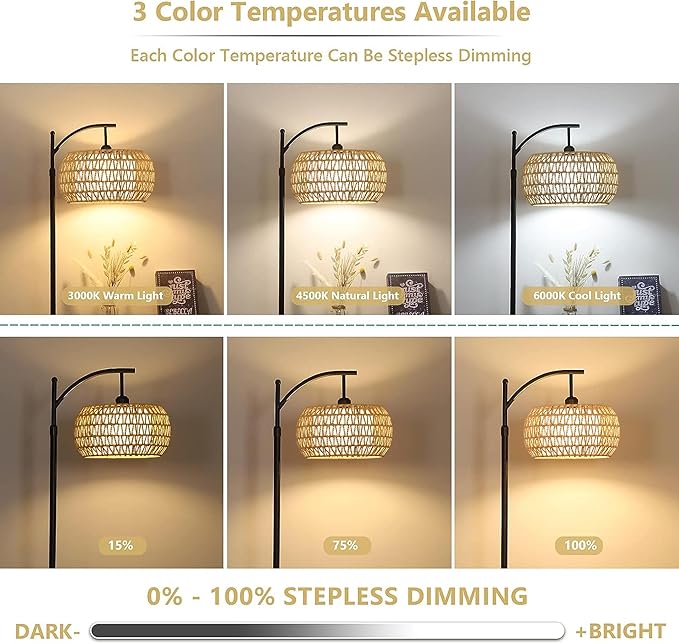 Arc Floor Lamps for Living Room Rattan Boho Floor Lamp with Remote Control,Dimmable LED Floor Lamp Wicker Lamp Shades Black Standing Lamp with 3 Color Temperature Tall Floor Lamps For Bedroom Corner