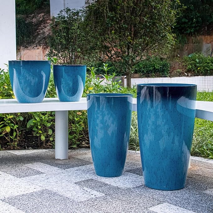 ZMTECH 24/21/12/10" H Large Plastic Planters with Drainage Hole & Saucer, Set of 4 Tall Plant Pots for Indoor/Outdoor Use, Gradient Blue Glossy Smooth Flower Pot for Front Porch Patio Garden