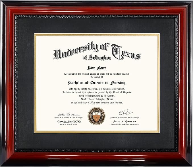 11x14 Diploma Degree Frame with Mat or Display 15x18 Certificates without Mat,Solid Wood,Cherry Finish with Intricate Black Rope Detail,UV Protection Acrylic