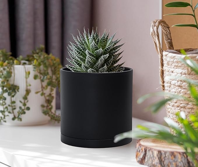 D'vine Dev 4 Pack 4 Inch Modern Plastic Plant Pots, Small Garden Planters for Plant with Drainage Holes and Saucers, Black Color, 74-Y-E-2