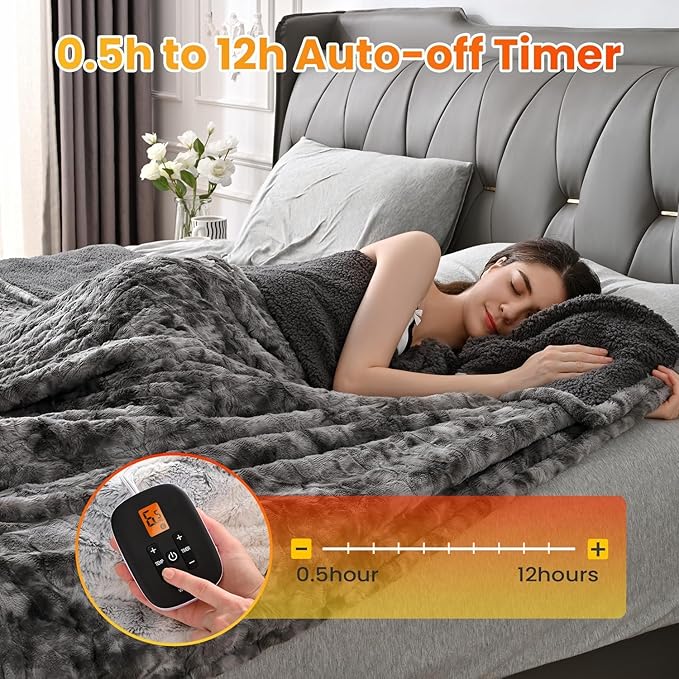 WOOMER Heated Blanket Full Size Electric Blanket 77"x 84", Soft Faux Fur Fast Heating Blanket, 10 Heating Levels & 0.5-12H Auto Off, Over-Heat Protection, ETL Certification