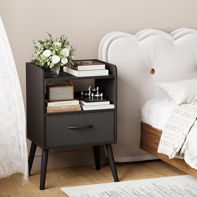 NightStand with Open Shelf,Night Stand with Drawer Storage Side Table End Tables,Bedside Table with Solid Wood Feet,Mid Century Night Stands for Bedroom Sofa Couch Small Spaces (Black)