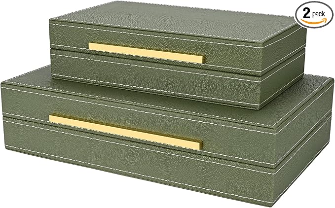 Green Shagreen box Set of 2 Faux Leather Decorative Boxes,Large Nesting Storage Decorative Boxes with Lids for Modern Home Decor Stacking Jewelry Box Organizer