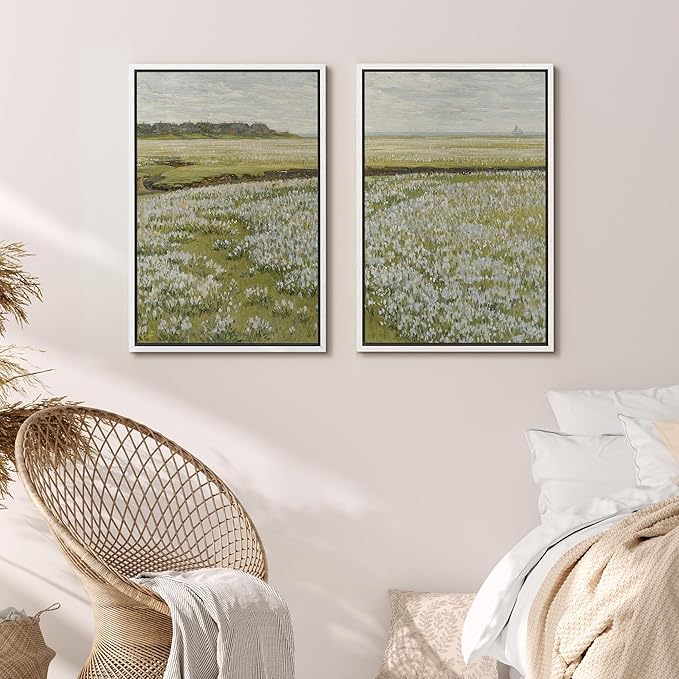 MUDECOR Framed Canvas Print Wall Art Fields of White Flowers Serene Nature for Home Decor Nature Wilderness Illustrations Realism Decorative Scenic for Living Room, Bedroom, Office - 24"x36"x2 White