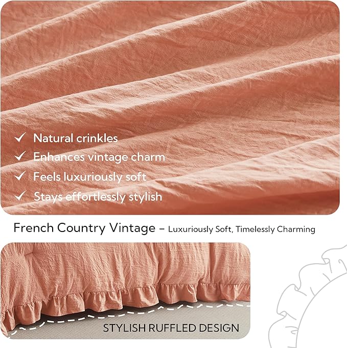 MR&HM Coral Pink Ruffle Comforter Set, Twin Comforter Sets for College Dorm,Boho Bed in a Bag Set 5 Pieces with 1 Comforter,1 Flat Sheet, 1 Fitted Sheet,1 Pillowcases & 1 Pillow Shams for All Seasons