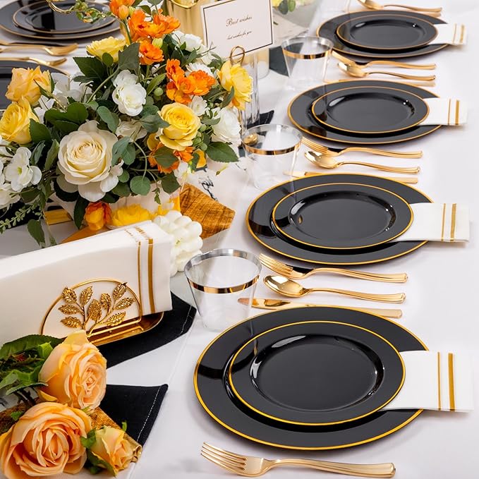 SUT 175 Piece Black and Glod Plastic Dinnerware Set for 25 Guests, Disposable Plastic Plates, Include: 25 Dinner Plates, 25 Dessert Plates, 25 Pre Rolled Napkins with Silver Silverware, 25 Cups