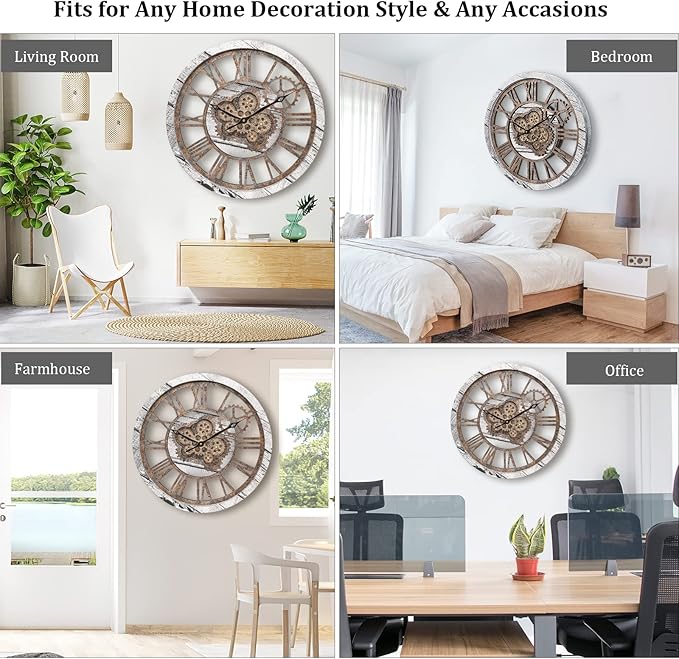 Large 20 Inch Farmhouse Vintage Rustic Moving Gears Oversized Roman Wall Clock for Living Room, Bedroom, Kitchen, Office Decor