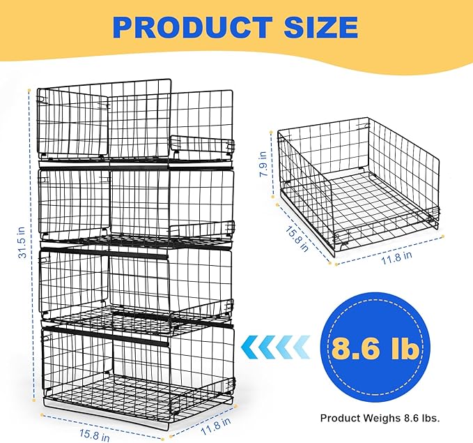 4-Tier Stackable Closet Storage Organizers, Storage Shelves, Clothes Basket, Clothes Shelf Organizer for Living Room Wardrobe Kitchen Bathroom Office, Black