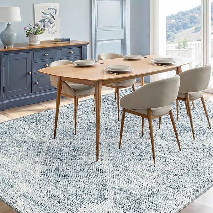 MIULEE 6x9 Vintage Living Room Rug Washable Area Rugs Low Pile Floor Mat for Bedroom Dining Room Non-Slip Stain Resistant Soft Indoor Carpet for Home Decor, Blue
