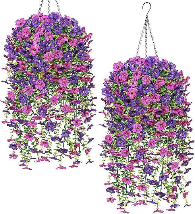 Dremisland 2 Set Artificial Hanging Baskets Outdoor Multicolored Silk Flower Plants Fake Flowers DIY Chain Hanging Basket Daisy Faux Flowers with Pot for Porch Garden Balcony Patio Summer Decor