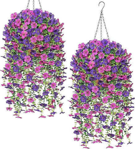 Dremisland 2 Set Artificial Hanging Baskets Outdoor Multicolored Silk Flower Plants Fake Flowers DIY Chain Hanging Basket Daisy Faux Flowers with Pot for Porch Garden Balcony Patio Summer Decor