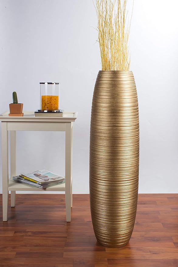 Leewadee Large Gold Home Decor Floor Vase – Wooden 34 inches Tall Farmhouse Decor Flower Holder for Fake Plant and Pampas Grass
