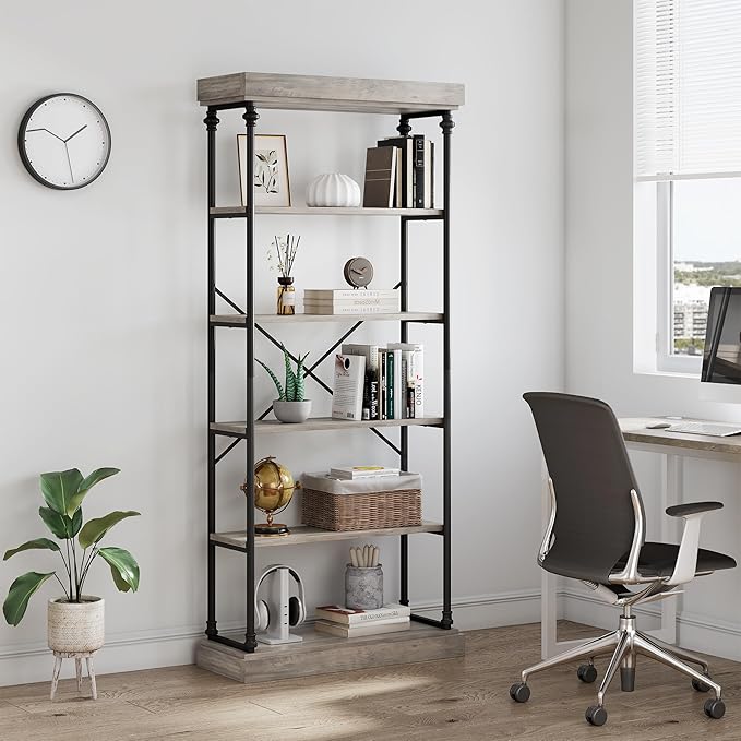 IDEALHOUSE Industrial Bookshelf Wood Bookcase 6 Tier Storage Open Rack Shelf with Metal Frame Rustic Tall Standing Bookshelves Large Grey Display Rack for Bedroom,Living Room and Home Office