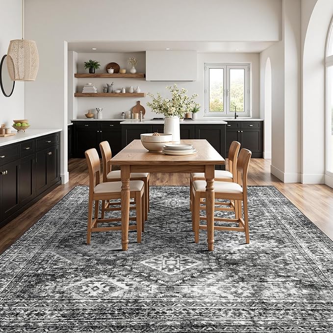 MIULEE 8x10 Vintage Washable Area Rugs Living Room Rug Low Pile Boho Farmhouse Floor Mat for Bedroom Dining Room Under Kitchen Table, Non-Slip Stain Resistant Soft Large Carpet for Home Decor, Black