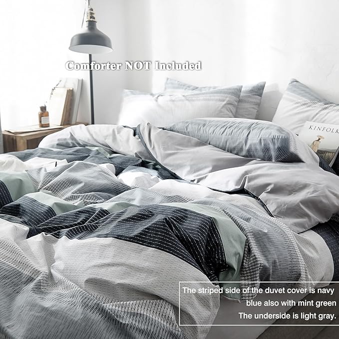 VM VOUGEMARKET Stripes Duvet Cover Set Twin,Blue Green Striped Duvet Cover with 2 Pillowcases for Teens,100% Cotton Modern Cozy Comforter Cover with Zipper Closure & Corner Ties 68"x90"(3pcs,Twin XL)