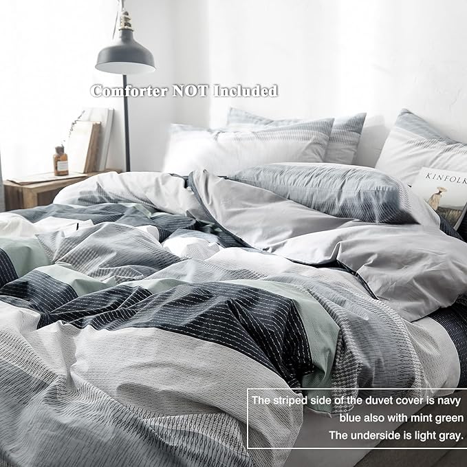 VM VOUGEMARKET Striped Duvet Cover Full,3 Pieces Blue Gray Duvet Cover Sets-100% Cotton Modern Simple Comforter Cover with Zipper for Teens Boys Men-80x90 Inch