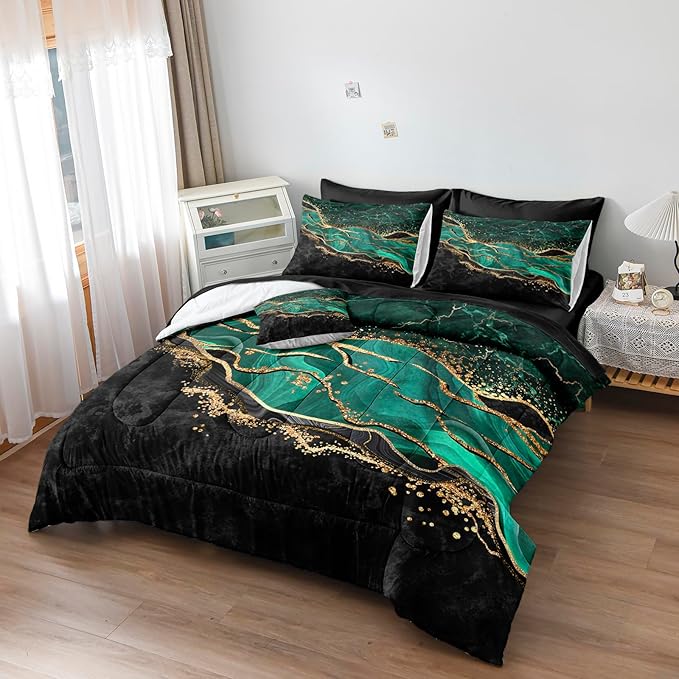 Emerald Green Comforter Set King Black Gold Marble Bed in a Bag 8 Pieces Bedding Set with 1 Green Black Marble Comforter, 1 Flat Sheet, 1Fitted Sheet, 4 Pillowcases, 1 Cushion Cover
