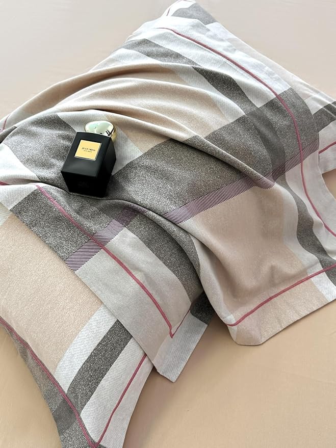VM VOUGEMARKET Brushed Cotton Duvet Cover Set King,Brown Plaid Geometric Duvet Cover Matching 2 Pillow Shams,Soft Warm Cozy Bedding Set for Men Women