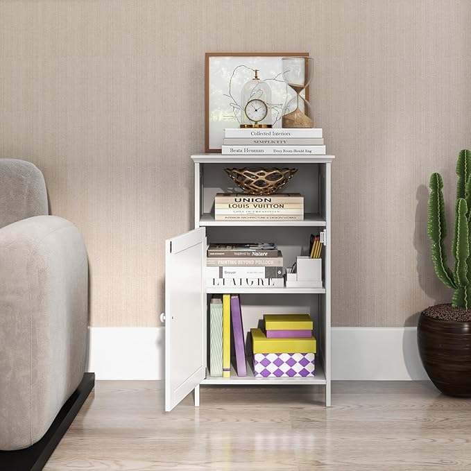 Tangkula Bathroom Storage Cabinet, Freestanding Wooden Single Door Side Floor Organizer with Adjustable Shelf, Small Bathroom Cabinet for Small Spaces, Living Room (White)