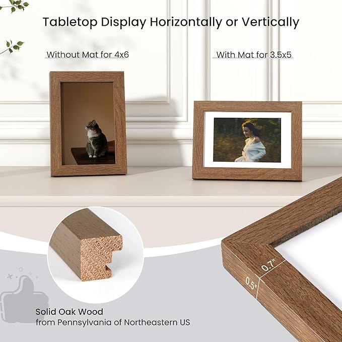 Axeman Solid Oak Wood 4x6 Picture Frame With Mat for 3.5x5 - Hanging Hardware Included, Walnut, 3 PCs