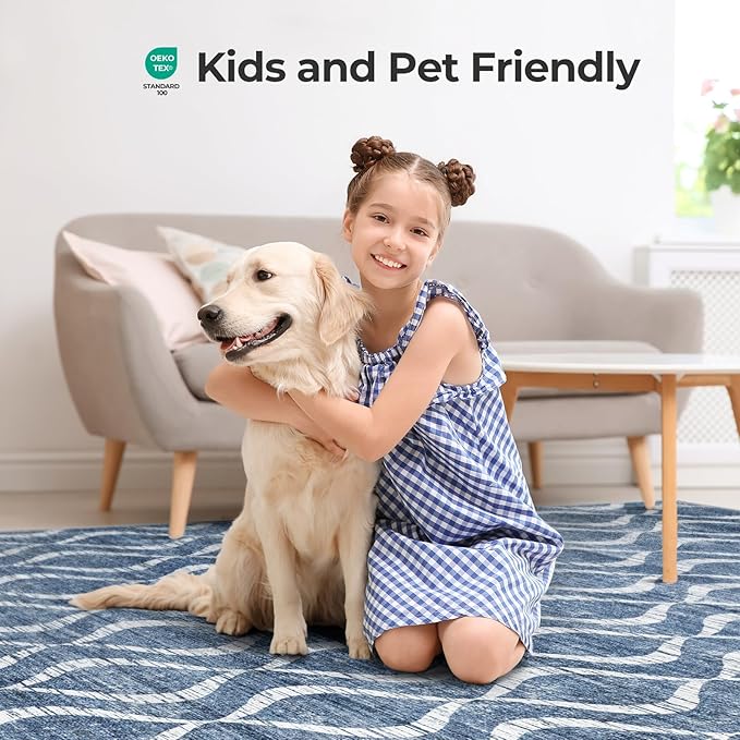WITSHOCK Area Rugs 7x9: Washable Non-Slip Soft Geometric Low Pile Print Pattern Boho for Living Room Bedroom Dining Room, Large Thin Indoor Carpet for Nursery Playroom Decor, Kid & Pet Friendly, Blue