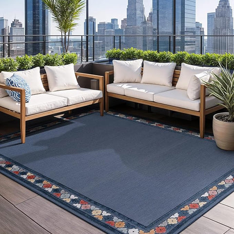 Beverly Rug Outdoor Rug 4x6 Modern Bordered Area Rugs for Indoor and Outdoor Patio Easy to Clean Non Shedding Living Room Porch Garden Washable Outside Carpet (4 x 6 Blue)