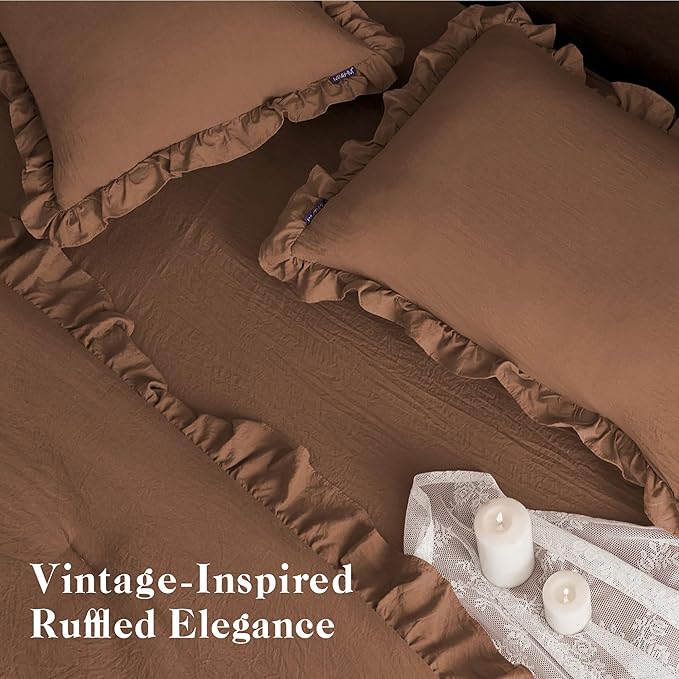 MR&HM Full Ruffle Comforter Set Mocha Mousse, Farmhouse Shabby Chic Bedding Set, Boho Bed in a Bag Set 7 Pieces with 1 Comforter, 1 Flat Sheet, 1 Fitted Sheet, 2 Pillowcases & 2 Pillow Shams