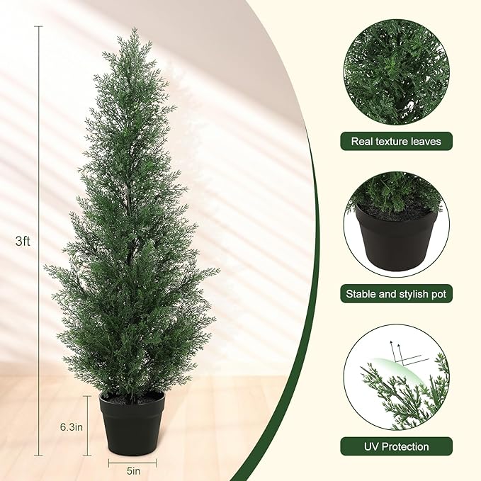 3FT Artificial Cedar Tree - Realistic Faux Cedar Trees for Outdoor Planters - Fake Cypress Trees for Front Porch - Faux Evergreen Plants for Home Porch Decor - Set of 2
