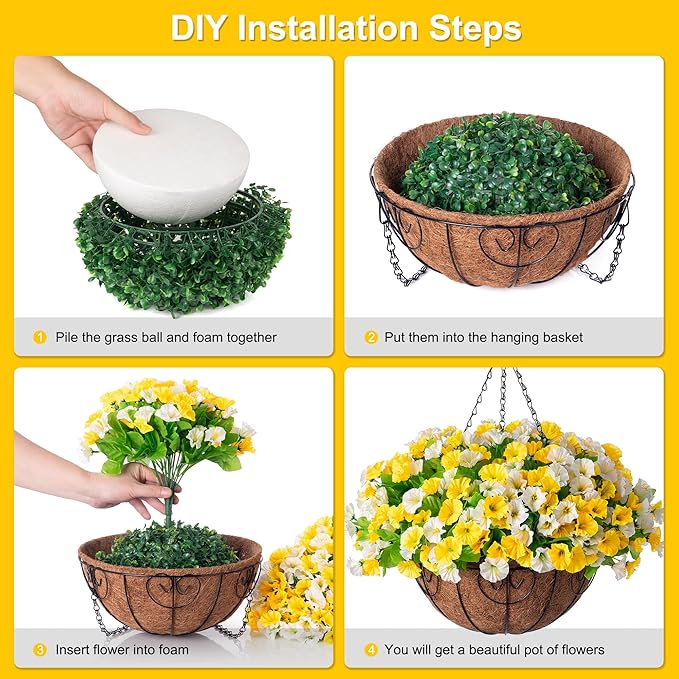 Artificial Hanging Flowers with Basket, Faux Silk Petunias Flower Arrangement, Coconut Lining with Morning Glories Fake Plants Patio Garden Porch Deck Fall Decor(Yellow and White)