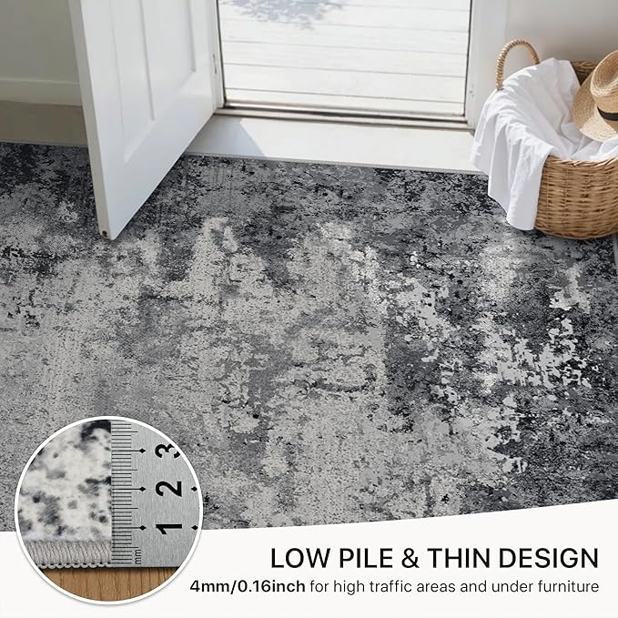 GENIMO 8x10 Washable Area Rugs for Living Room Bedroom, Modern Abstract Low Pile Soft Non Slip Rug, Contemporary Indoor Floor Carpet Cover for Dining Room Kitchen, Ink Wash Grey