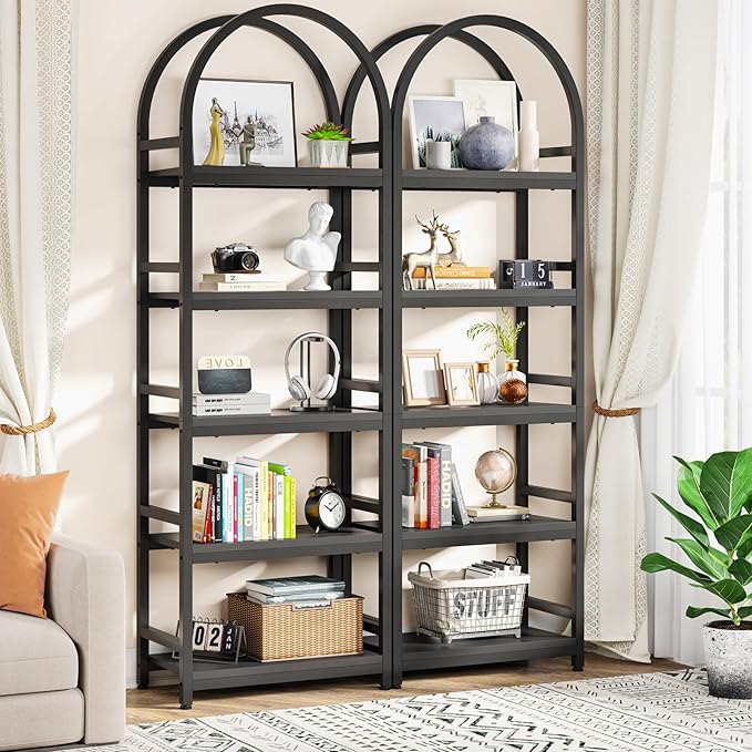 Tribesigns 5-Tier Open Bookshelf Set of 2, 74.4" Wood Bookcase Storage Shelves with Metal Frame, Freestanding Display Rack Tall Shelving Unit for Office, Bedroom, Living Room (Black, 2PCS)