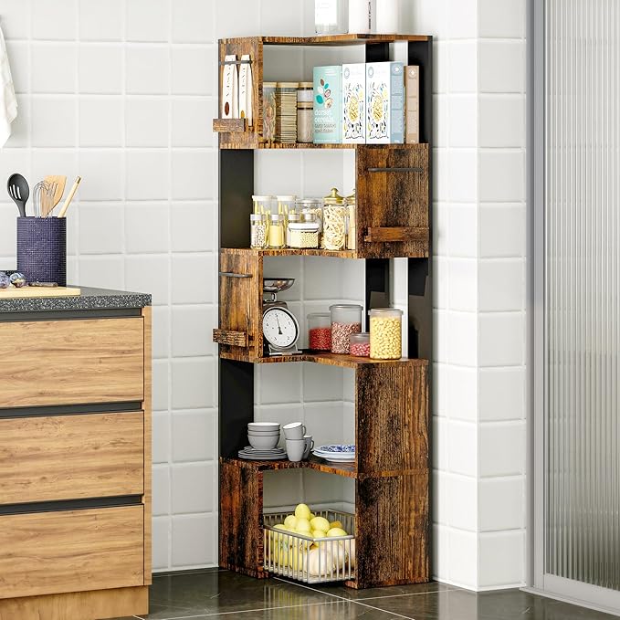 PPAMAPIC 5 Tier Corner Bookshelf, 63" Tall L Shaped Bookcase, Corner Cabinet, Wood Grain Shelf Display Rack for Kitchen, Bedroom, Living Room (Brown)