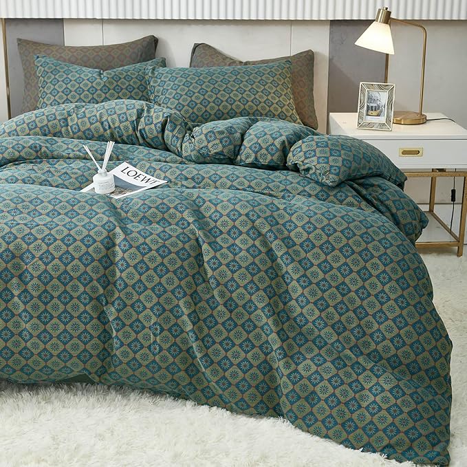 VM VOUGEMARKET Linen Cotton Duvet Cover Queen,3 Pcs Yarn-Dyed Textured Duvet Cover Set Green Flower Geometric Bedding Set,Ultra Soft and Breathable Comforter Cover Set