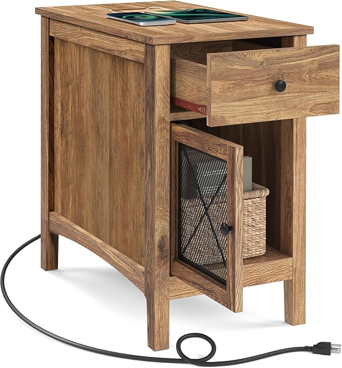 VASAGLE Side Table with Storage, End Table with USB Ports and Outlets, Nightstand with Charging Station, Drawer, Storage Cabinet, Magazine Rack, for Living Room, Bedroom, Rustic Walnut ULET312T41