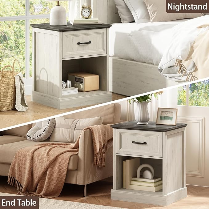 CARPETNAL 20" Farmhouse Nightstand Set of 2, End Table with Large Drawers & Open Storage, Side Table, Bedside Table for Bedroom, Living Room, White