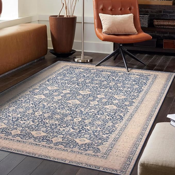 vivorug 4x6 Rug, Small Area Rug for Living Room, Bedroom, Kitchen, Machine Washable Non-Slip Throw Rug, Vintage Floral Carpet for Entryway Nursery Dinner Room - Durable (Blue)