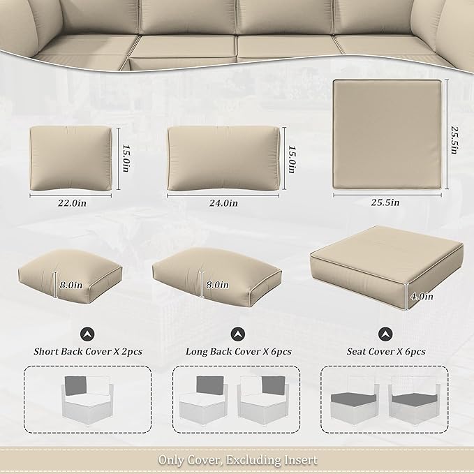 14 Pcs Outdoor Cushion Slipcovers Outdoor Patio Cushion Covers Replacement Waterproof with Zipper for Outdoor Furniture, Patio Sofa Couch 3 Sizes, Covers Only