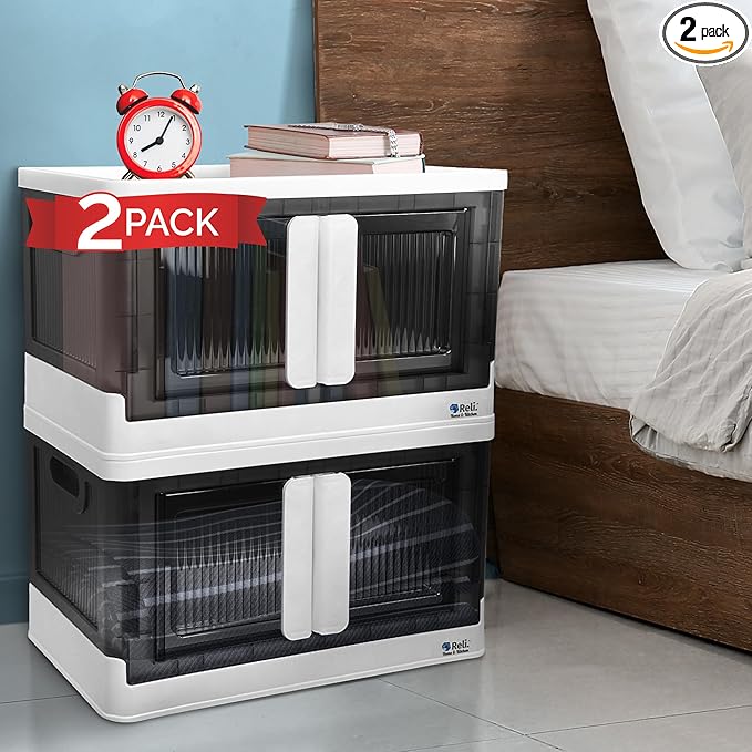 Reli. Collapsible Storage Bins with Lids (2 Pack) | 8.4 Gal Plastic Stackable Storage Bins with Lids | Heavy Duty Closet Organizer | Built-In Wheels & Door | White/Grey