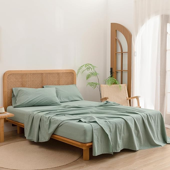 BESTOUCH Sheet Set 100% Washed Cotton Linen Feel Super Soft Comfortable Chic Lightweight 3 Pcs Home Bedding Set Solid Green Twin