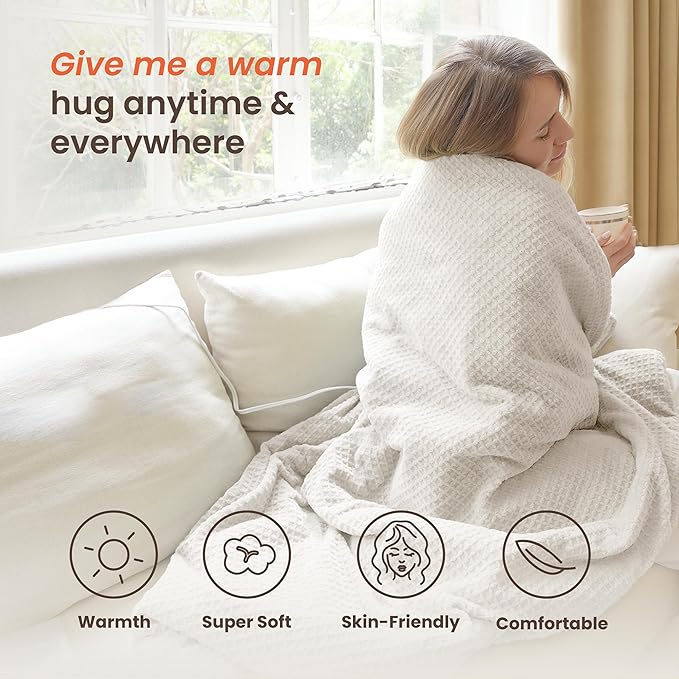 Heated Blanket Electric Blanket Twin Waffle, 62x84 Inches Sherpa Fleece Fast Heating Blanket 6 Heating Levels & 10 Hours Auto Off ETL Certification,Beige Twin