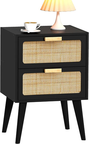 Rattan Nightstand, Wood End Table, Side Table with 2 Hand Made Rattan Decorated Drawers,Boho Bedside Table,Wood Accent Table with Storage for Livingroom, Bedroom, Black CTG59B