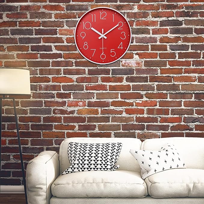 jomparis Red Wall Clock 12 Inch Silent Non-Ticking Battery Operated Quality Quartz Round Wall Clock Modern Decor Clock for Home Bedroom
