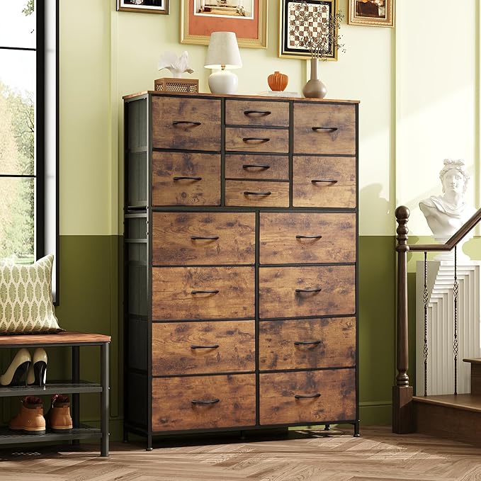 WLIVE Tall Console Table with 16 Fabric Drawers, Entryway Table with Storage, Large Storage Organizer with Wood Top, Steel Frame for Living Room, Hallway, Office, Rustic Brown