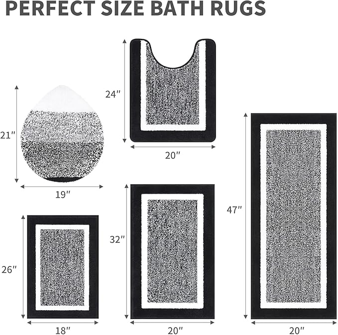 Pauwer Bathroom Rugs Set 5 Piece, Plush Absorbent Microfiber Bath Mats for Bathroom, Non Slip Washable Bath Rug Set with U Shaped Contour Toilet Rugs, Shower Rug and Toilet Lid Cover, Black