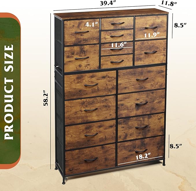 WLIVE Tall Console Table with 16 Fabric Drawers, Entryway Table with Storage, Large Storage Organizer with Wood Top, Steel Frame for Living Room, Hallway, Office, Rustic Brown
