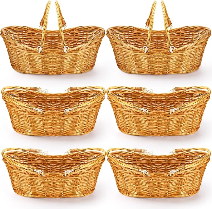 Wesiti 6 Pcs Wicker Picnic Basket with Handle, Hand Woven Harvest Basket Bulk, Wicker Flower Hoppet for Storage, Picnics, Easter, Organizing, Egg Gathering, Candy, Wedding(Light Brown)