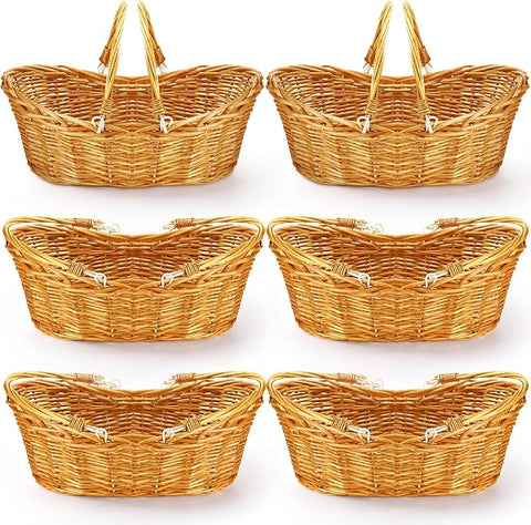 Wesiti 6 Pcs Wicker Picnic Basket with Handle, Hand Woven Harvest Basket Bulk, Wicker Flower Hoppet for Storage, Picnics, Easter, Organizing, Egg Gathering, Candy, Wedding(Light Brown)