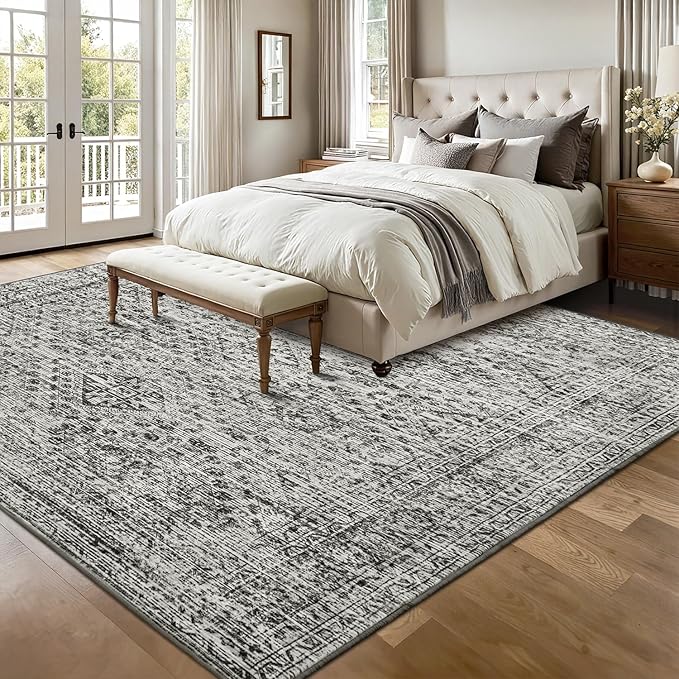 MIULEE 8x10 Vintage Washable Area Rugs Living Room Rug Low Pile Boho Farmhouse Floor Mat for Bedroom Dining Room Under Kitchen Table, Non-Slip Stain Resistant Soft Large Carpet for Home Decor, Grey