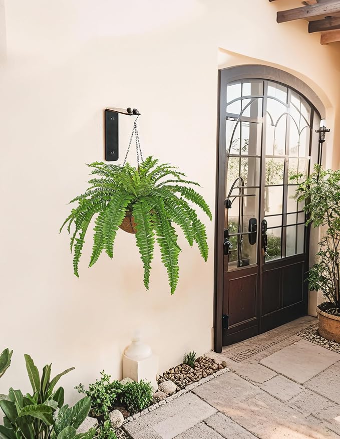 Fake Hanging Plants Large Boston Fern Artificial Plants Outdoor Realistic Fake Ferns with Palm Basket Silk Plants Ferns Hanging Plant Artificial Decor for Home Front Porch Window Garden - Green